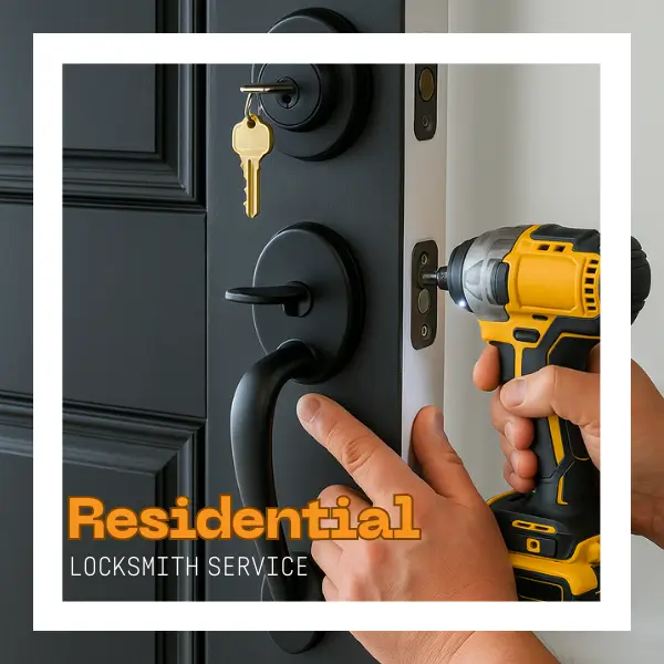 Locksmith installing black door handle and deadbolt with drill