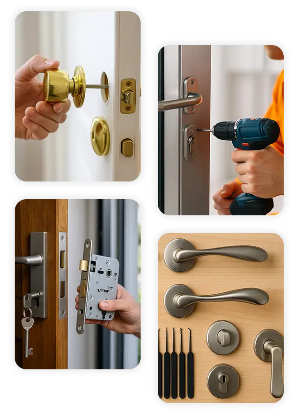 Locksmith installing new door locks and handles with tools