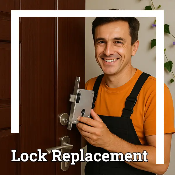 Professional locksmith repairing door lock with a smile Locksmith smiling while repairing a front door lock in residential setting