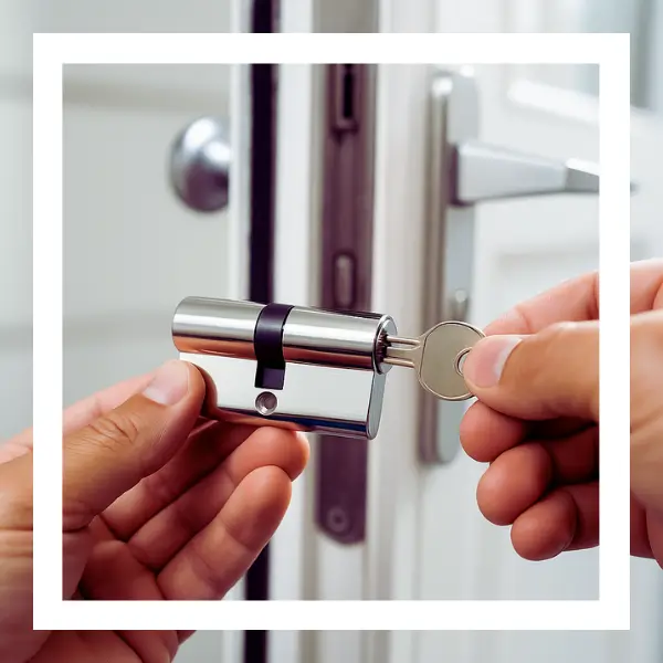 Professional locksmith replacing door cylinder lock securely Locksmith installing silver cylinder lock with key on white front door