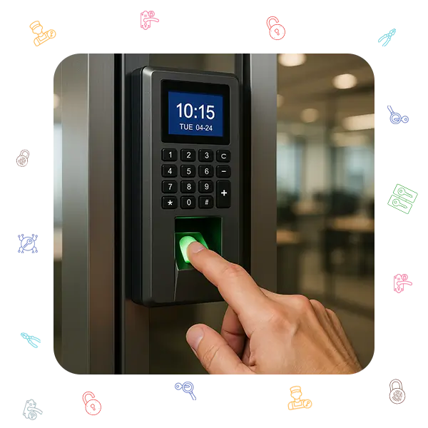 A person uses their fingerprint on a glowing green biometric scanner, part of a commercial access control keypad mounted on an office door frame.