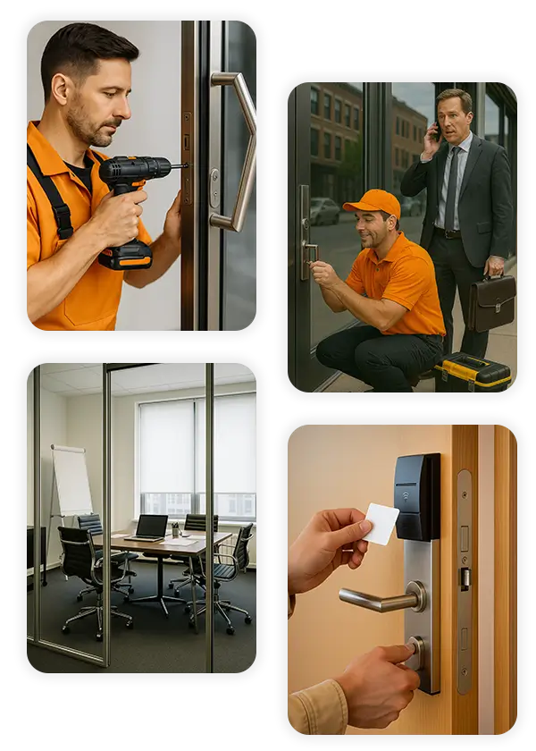 Commercial locksmith services in Katy TX repairing glass door locks, installing access control, and securing office spaces.