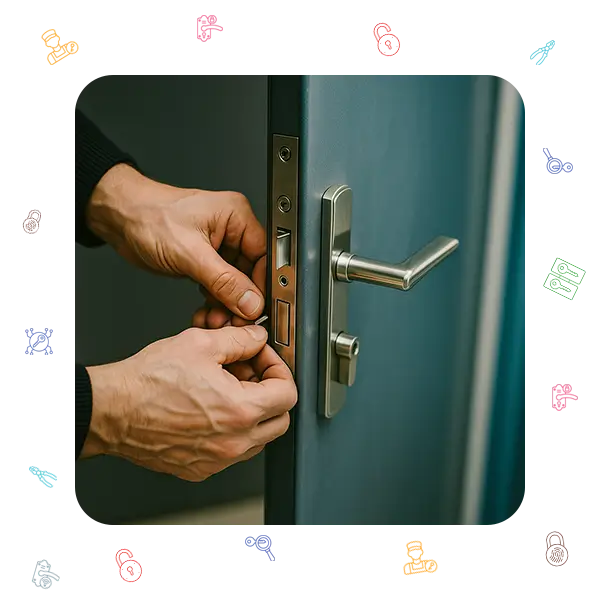 Professional locksmith adjusting door lock with precision Locksmith hands repairing silver lock mechanism on metal door