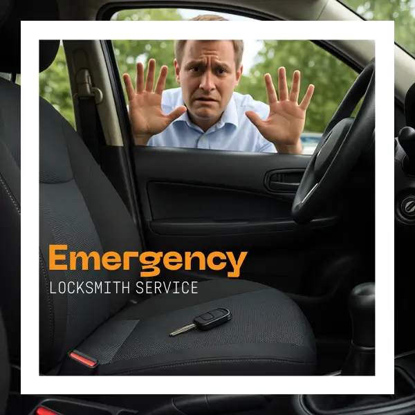Frustrated man locked out of car with keys visible on driver’s seat