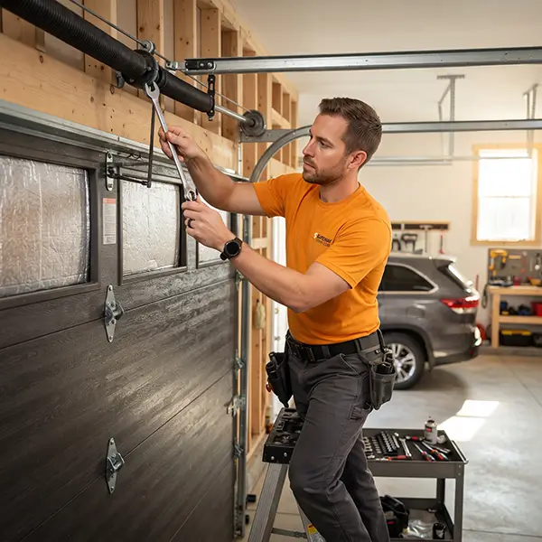 technician inspecting and repairing garage door components in Katy Texas