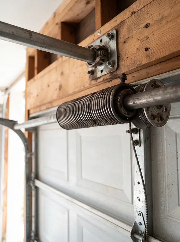 Professional Garage Door Spring Repair Services technician inspecting and repairing garage door torsion springs on residential door