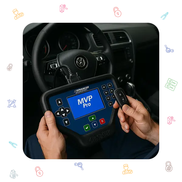 Technician programming a car transponder key with Advanced Diagnostics MVP Pro inside modern vehicle