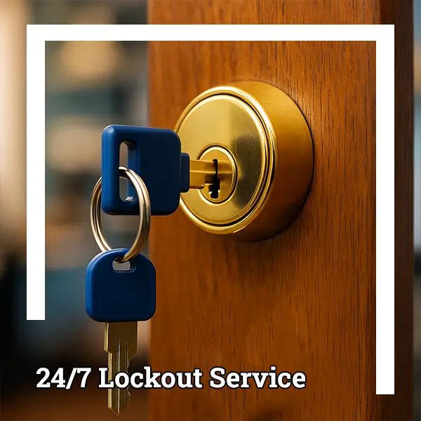 Blue key in brass deadbolt lock on wooden door with 24/7 lockout service text