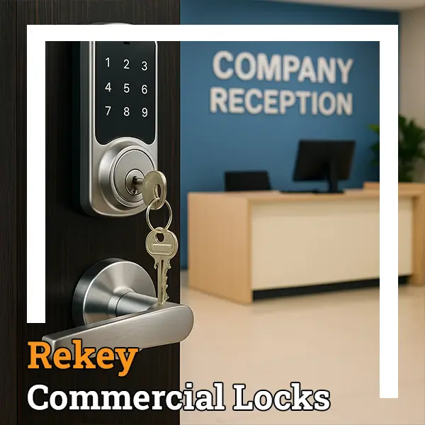 Modern electronic door lock with key inserted on wooden door leading to company reception area