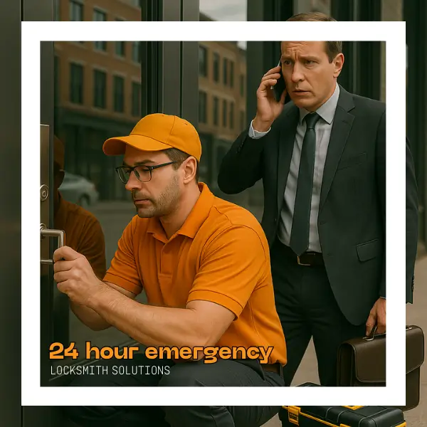 An emergency locksmith in an orange uniform works on the lock of a commercial building, while a concerned businessman in a suit stands behind him making a phone call