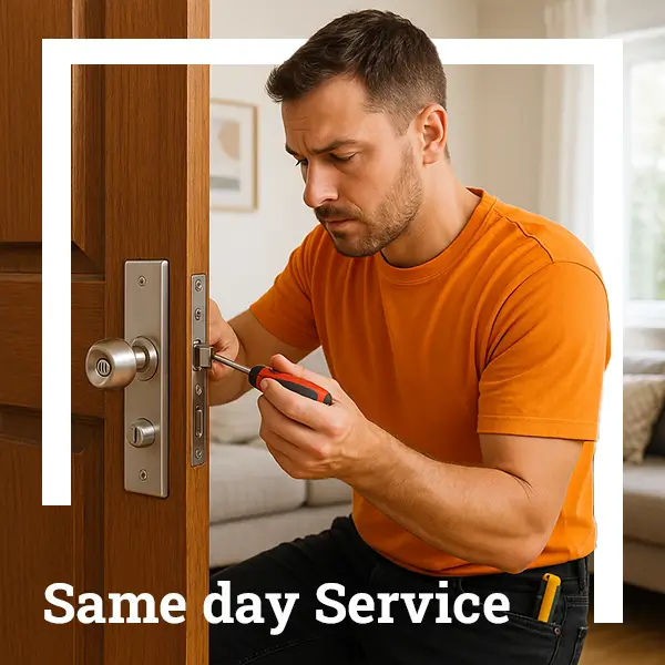 Locksmith repairing wooden door lock indoors