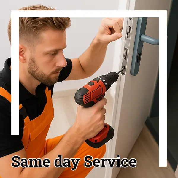 Locksmith repairing door lock with drill
