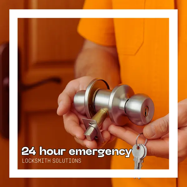 24 Hour Emergency Locksmith Lock and Key Solutions locksmith holding a silver door lock and keys for 24 hour emergency service