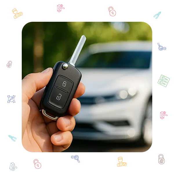 Hand holding modern flip-style car key fob with blurred white car in background