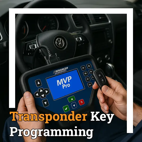 Locksmith using MVP Pro device for transponder car key programming inside vehicle